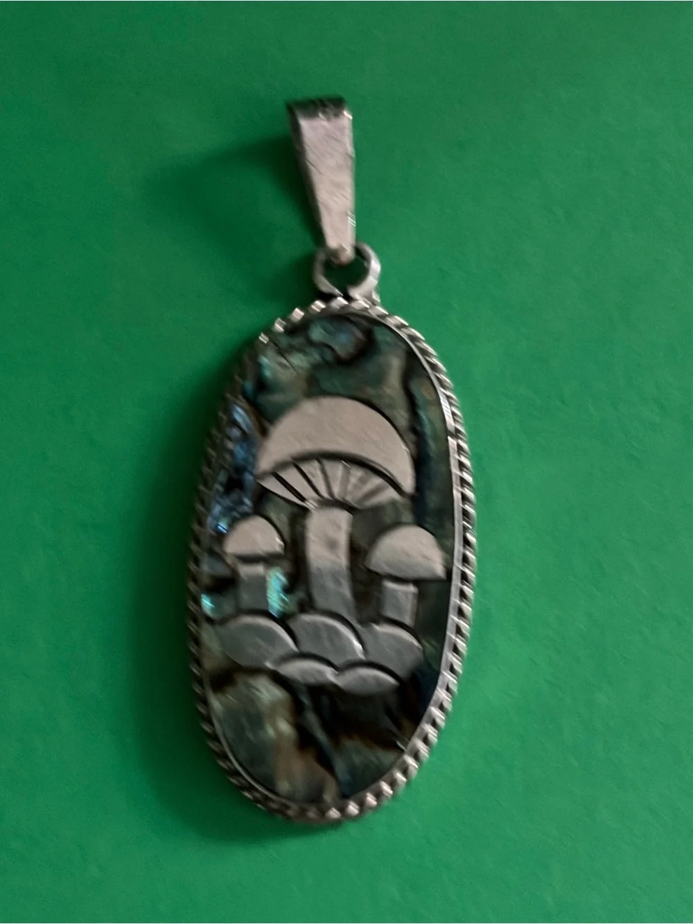 Taxco Iridescent Green and Blue Abalone Mushroom Pendant Necklace
